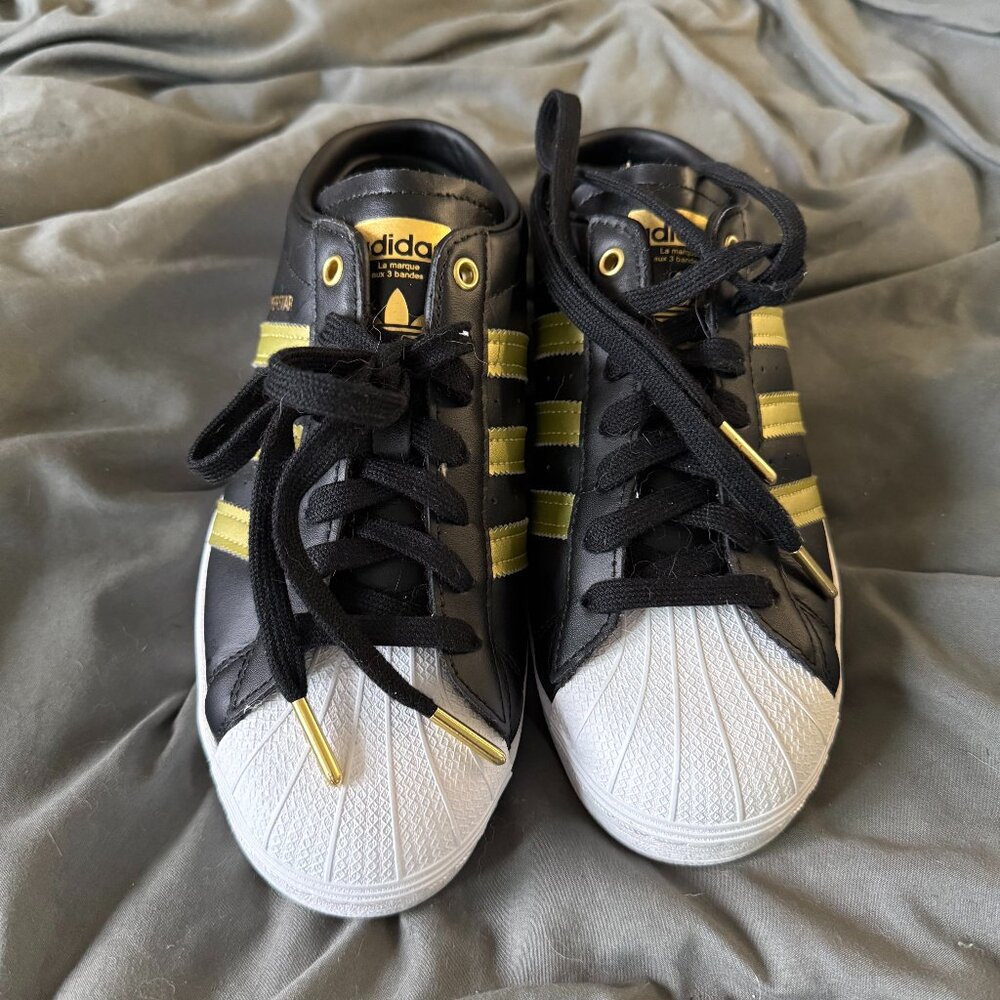 Adidas black/gold slides, hardly worn, women's size 8